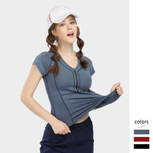 Load image into Gallery viewer, Female Short Sleeve Tops with Striped V-neck Solid Sports
