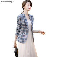 Load image into Gallery viewer, Woman Khaki Blue Plaid Blazer Fashion Slim Autumn
